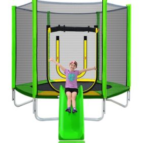 7FT Trampoline For Kids With Safety Enclosure Net, Slide And Ladder, Easy Assembly Round Outdoor Recreational Trampoline