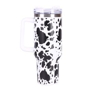 40oz 5D cowprint Insulated Tumbler With Handle And Straw Lid Portable Large Capacity water bottle, Heat preservation (Color: White Small cow print)