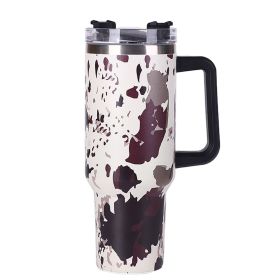 40oz 5D cowprint Insulated Tumbler With Handle And Straw Lid Portable Large Capacity water bottle, Heat preservation (Color: Gray cow print)